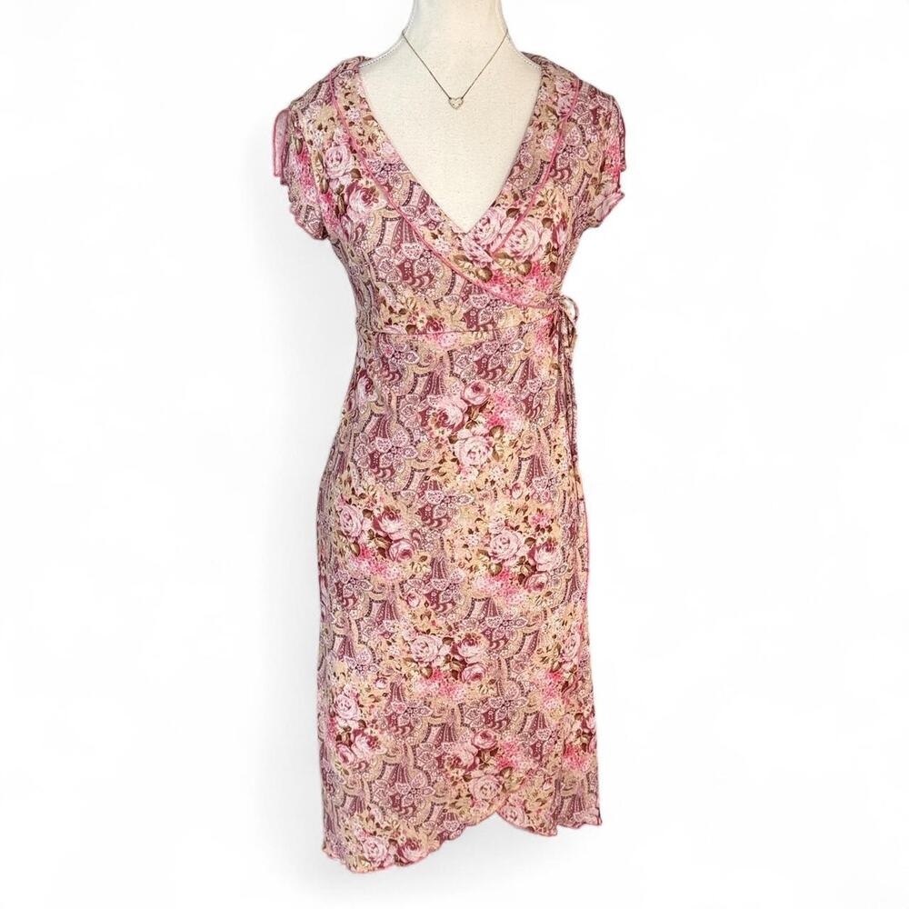 Y2K Baby doll maxi pink and beige floral wrap,church,dress tie waist, size Small